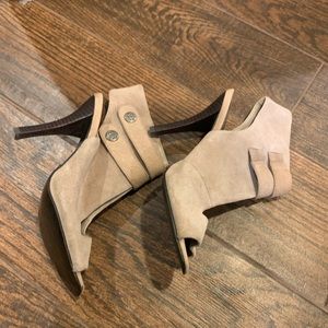 Fergie tan suede bootie heels